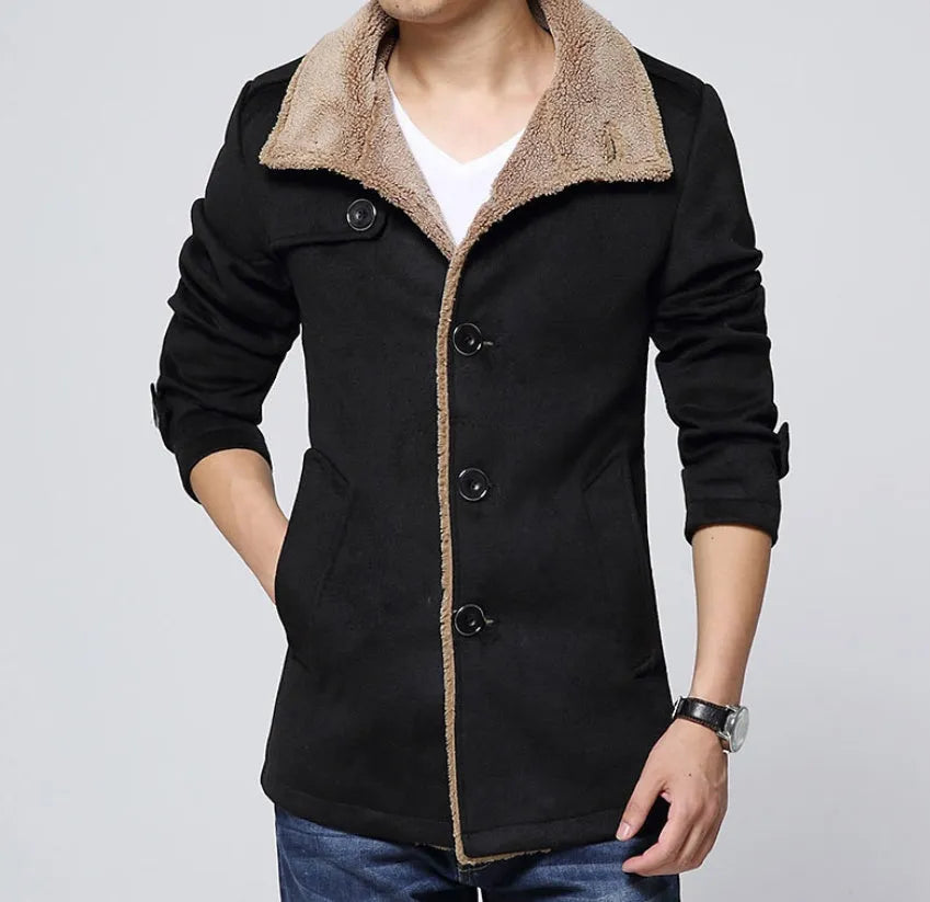 Slim-fit plus velvet men's coat in black with stand collar and single-breasted front