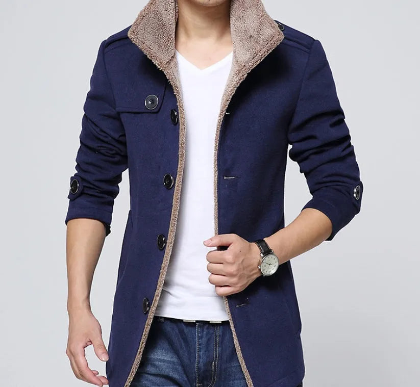 Slim-fit plus velvet men's coat in black with stand collar and single-breasted front