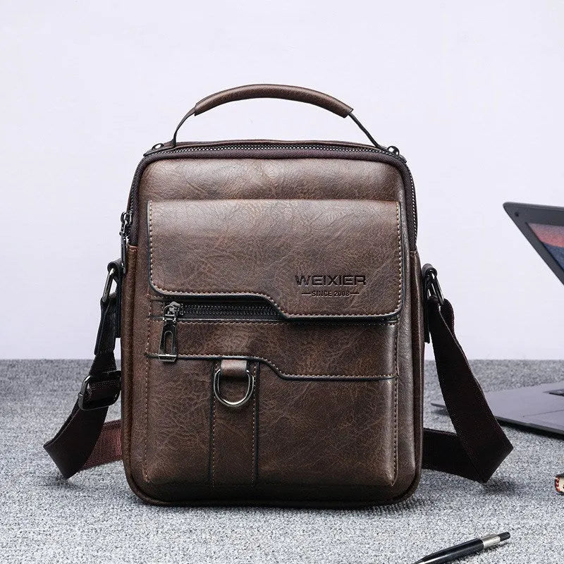 Vintage PU leather vertical business casual bag with zipper and soft handle, light brown colour