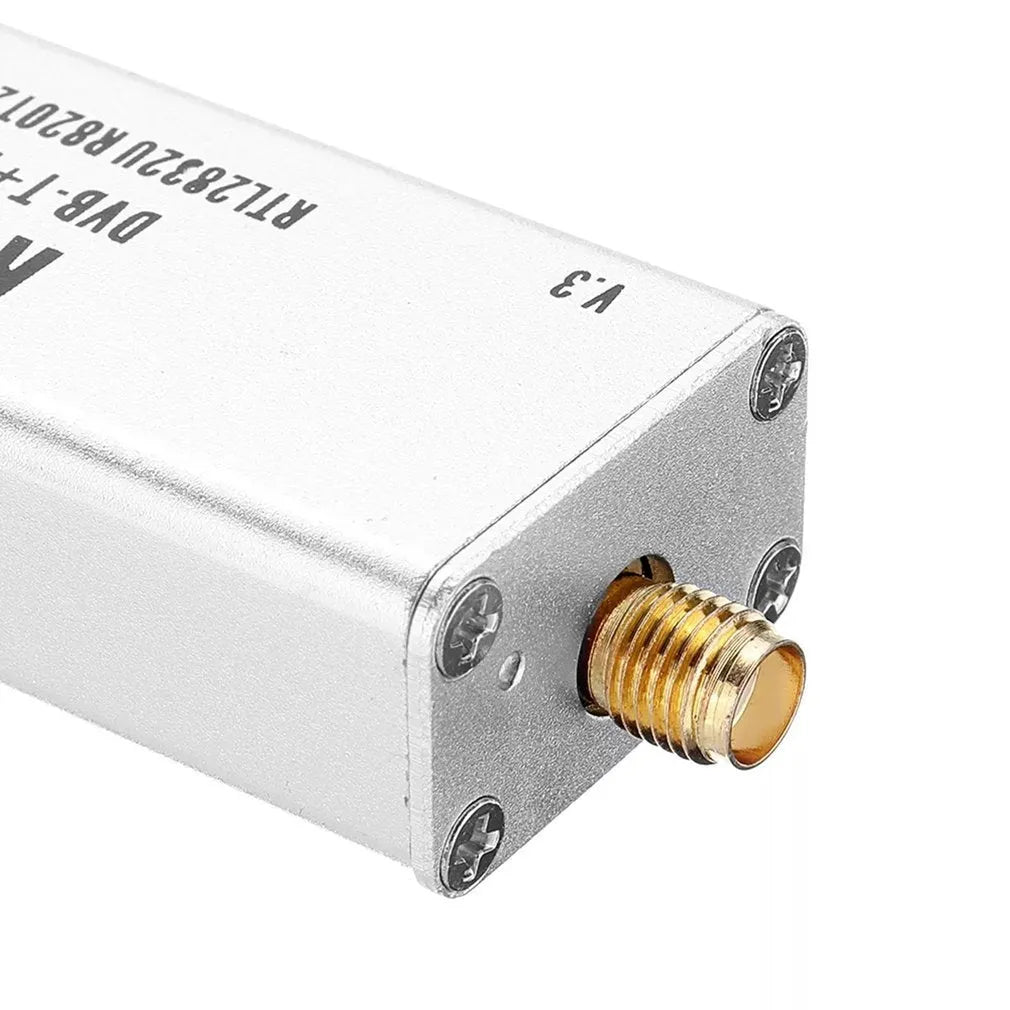 Black metal A300U all-band software-defined radio receiver with a golden SMA connector.