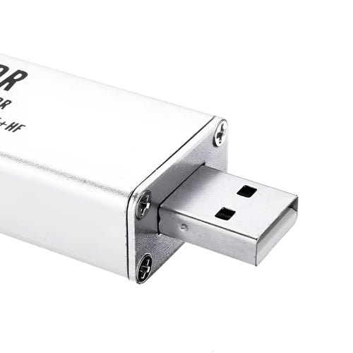 Black metal all-band software-defined radio SDR receiver with gold SMA connector for aviation and general radio scanning.