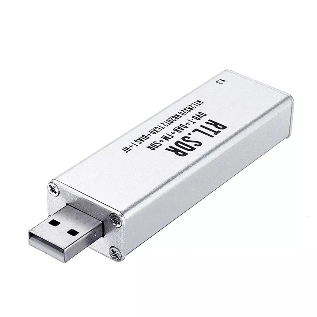 Black metal A300U all-band software-defined radio receiver with a golden SMA connector.