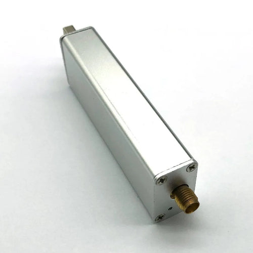 Black metal all-band software-defined radio SDR receiver with gold SMA connector for aviation and general radio scanning.