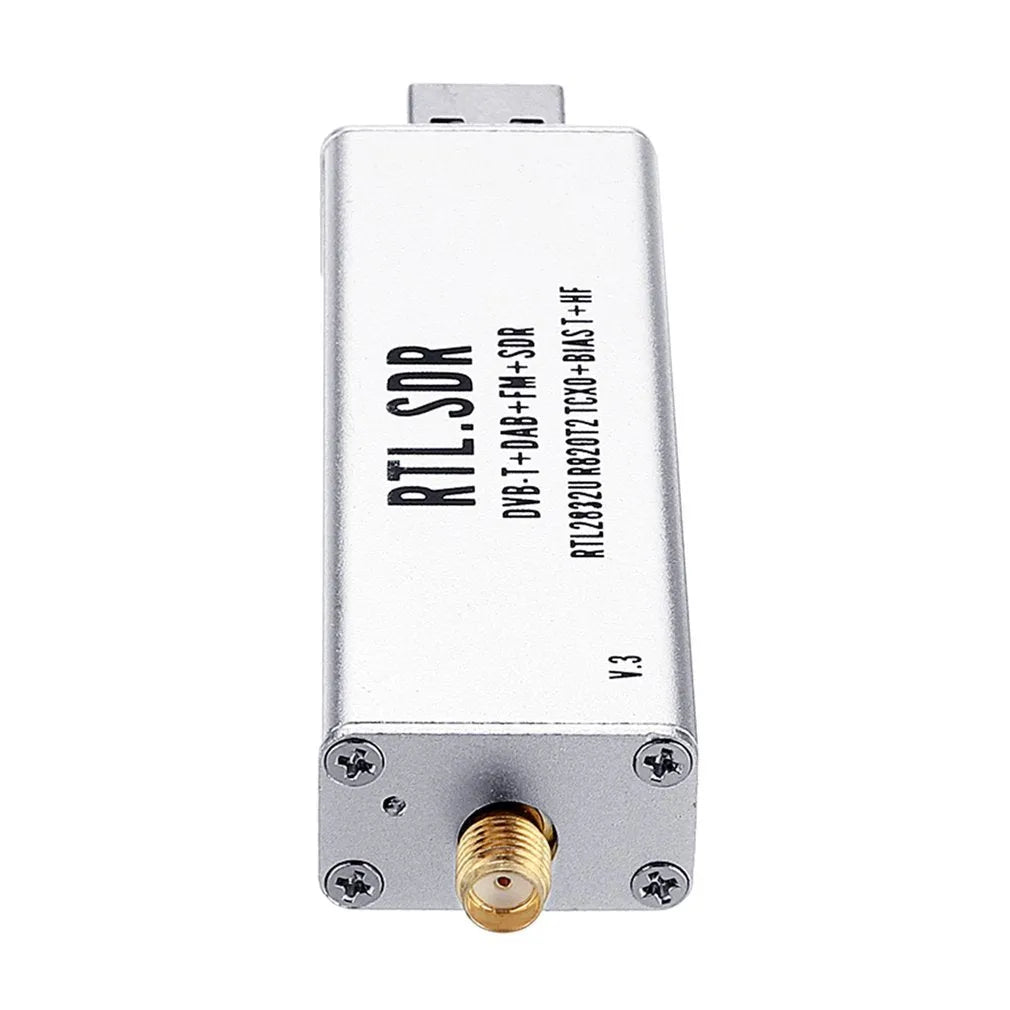 Black metal A300U all-band software-defined radio receiver with a golden SMA connector.