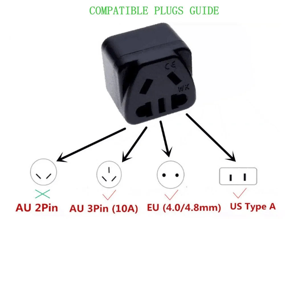 Square black international plug adapter for UK three-pin plugs to global sockets