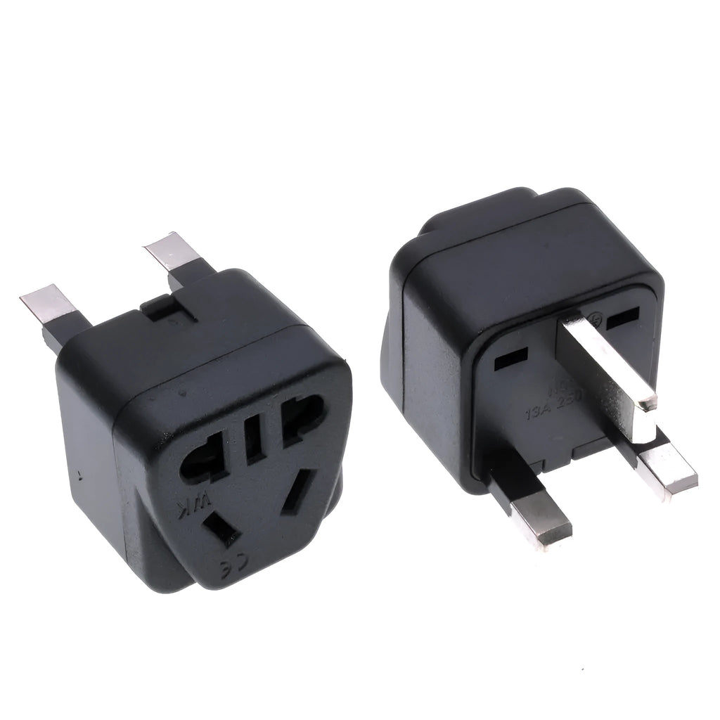Square white international power adapter converting UK three-pin plugs