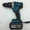 Black and yellow cordless impact drill with keyless chuck, shown with a lithium-ion battery and drill bit.