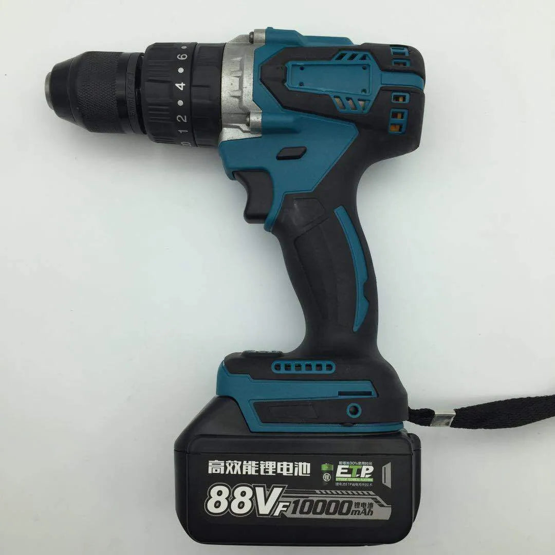 Black and yellow cordless impact drill with keyless chuck, shown with a lithium-ion battery and drill bit.