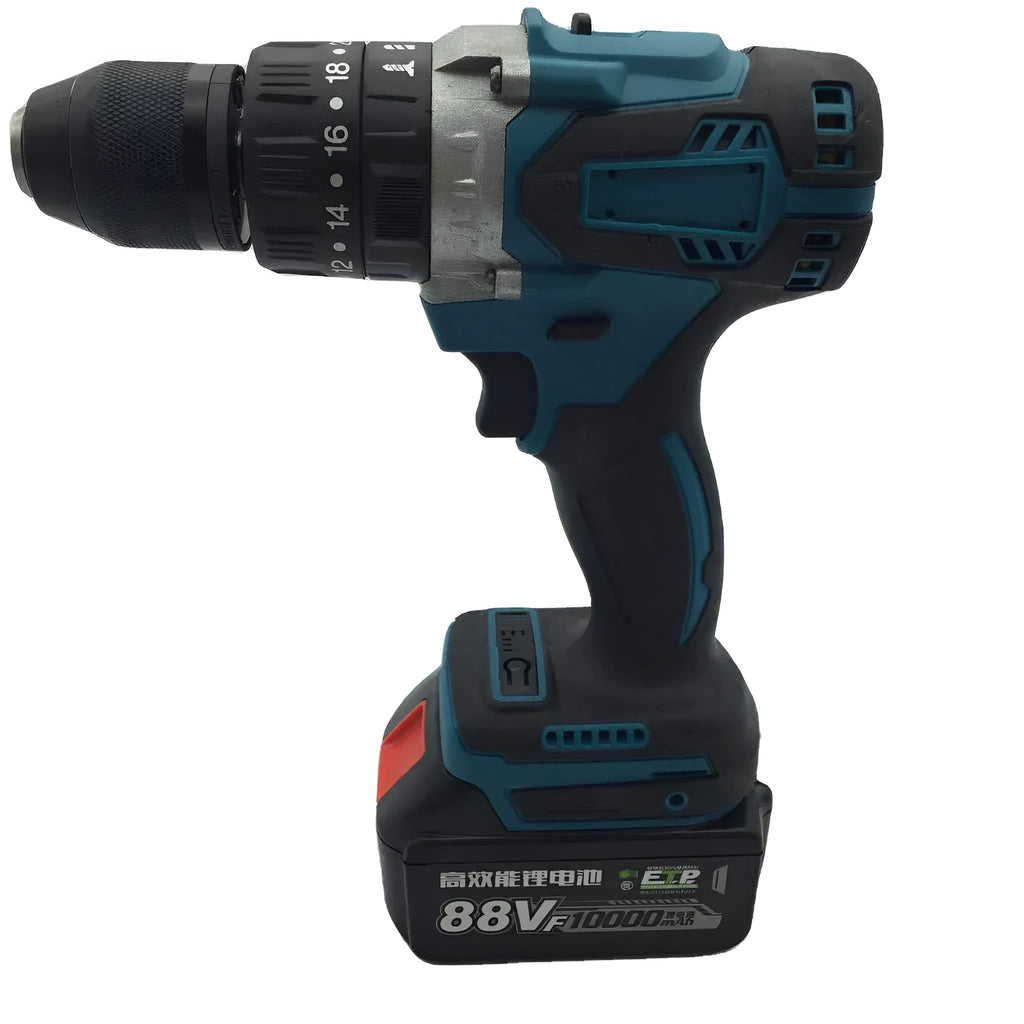 Black and yellow cordless impact drill with keyless chuck, shown with a lithium-ion battery and drill bit.
