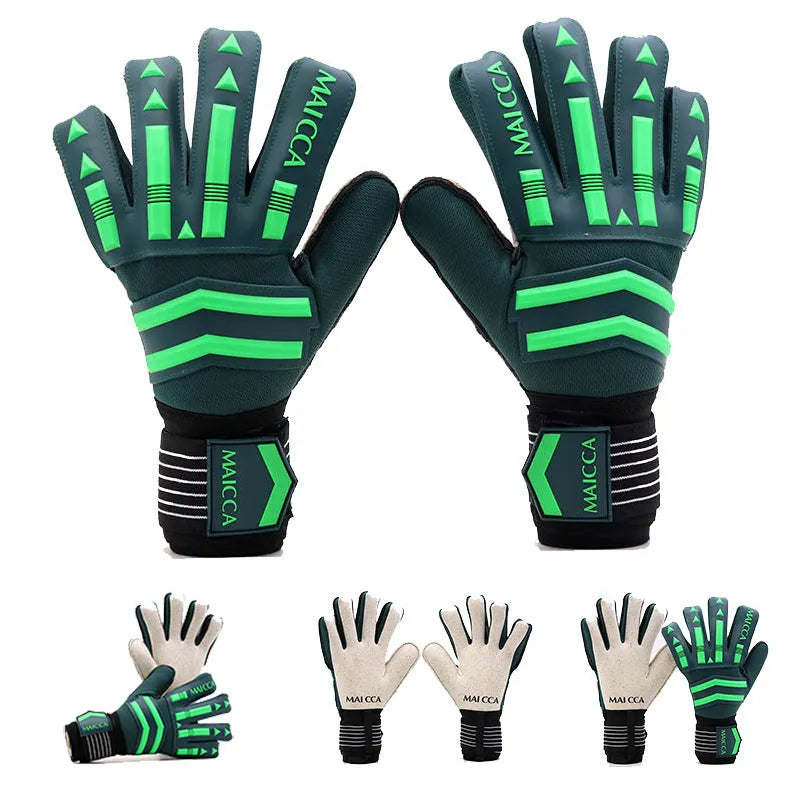 Green latex goalkeeper gloves for football training, sizes 7 to 10, with 18-21cm palm length