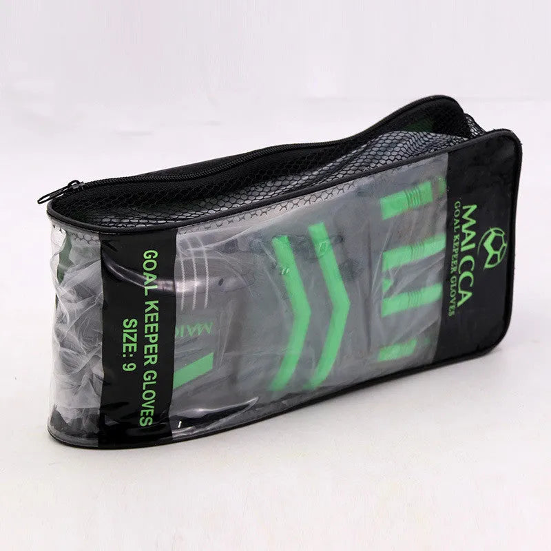 Green latex goalkeeper gloves for football training, sizes 7 to 10, with 18-21cm palm length