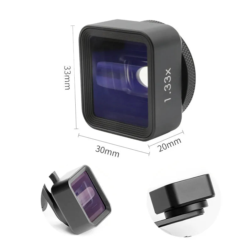 Black SANYK 1.33x anamorphic widescreen lens for mobile phones with 17mm thread mount.