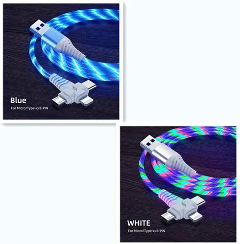 Luminous three-in-one fast charging cable with aluminium alloy connectors for USB C and Micro USB devices.