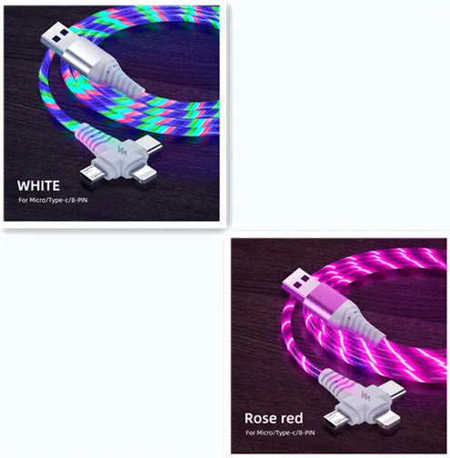 Luminous three-in-one fast charging cable with aluminium alloy connectors for USB C and Micro USB devices.