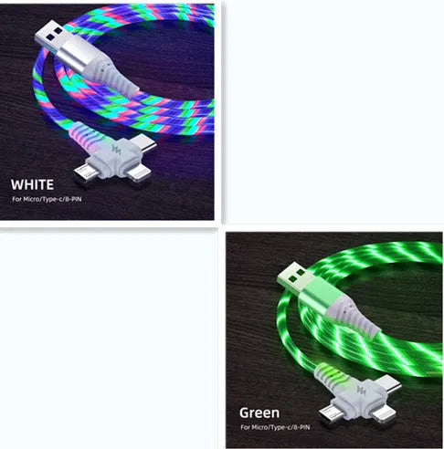 Luminous three-in-one fast charging cable with aluminium alloy connectors for USB C and Micro USB devices.
