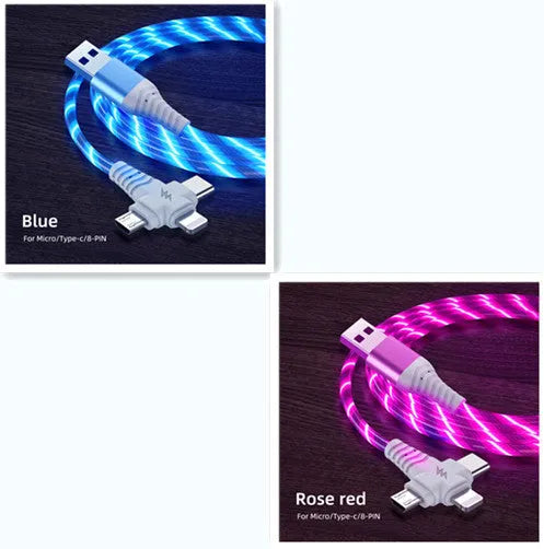 Luminous three-in-one fast charging cable with aluminium alloy connectors for USB C and Micro USB devices.