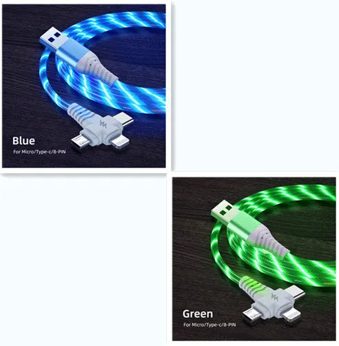 Luminous three-in-one fast charging cable with aluminium alloy connectors for USB C and Micro USB devices.