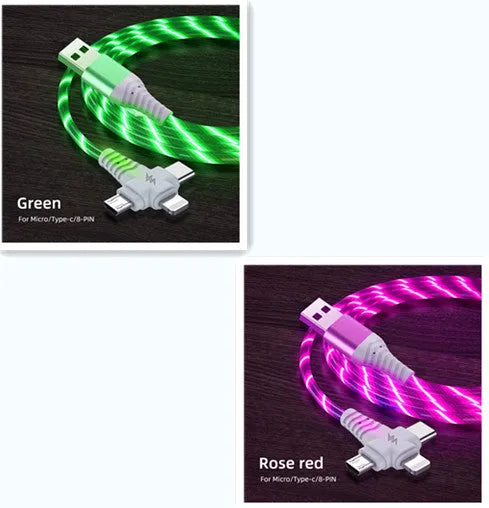 Luminous three-in-one fast charging cable with aluminium alloy connectors for USB C and Micro USB devices.