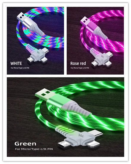 Luminous three-in-one fast charging cable with aluminium alloy connectors for USB C and Micro USB devices.