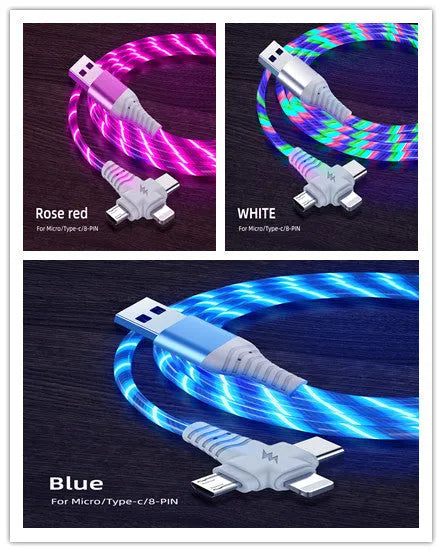 Luminous three-in-one fast charging cable with aluminium alloy connectors for USB C and Micro USB devices.