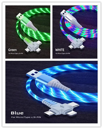 Luminous three-in-one fast charging cable with aluminium alloy connectors for USB C and Micro USB devices.