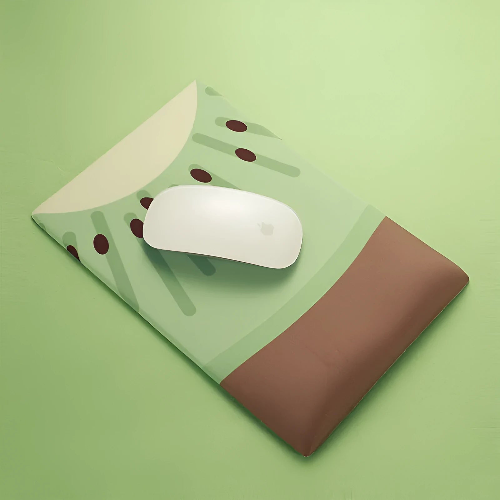Green kiwi fruit design on a grey cloth mouse pad with a thick, curved wrist support cushion