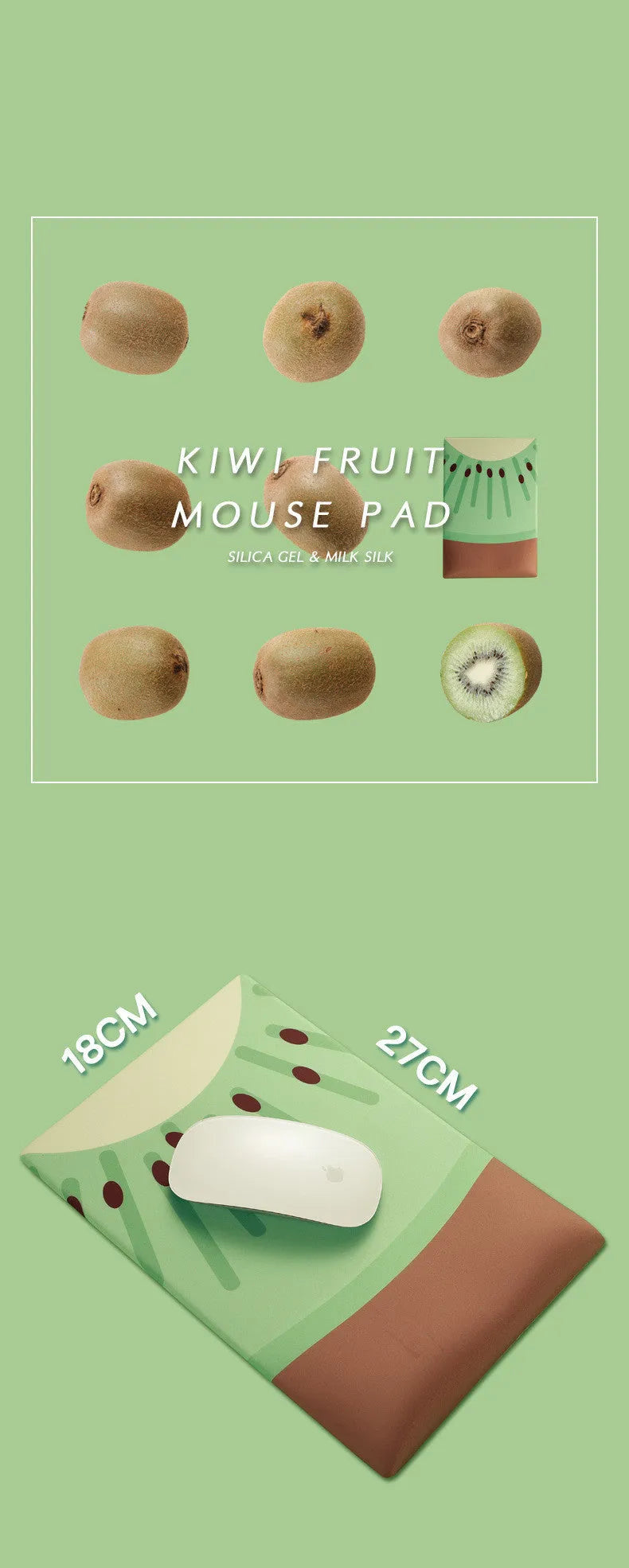 Green kiwi fruit design on a grey cloth mouse pad with a thick, curved wrist support cushion