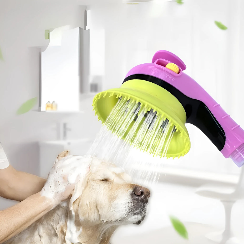 Pet shower kit with integrated massage brush for dogs and cats in orange colour on light background