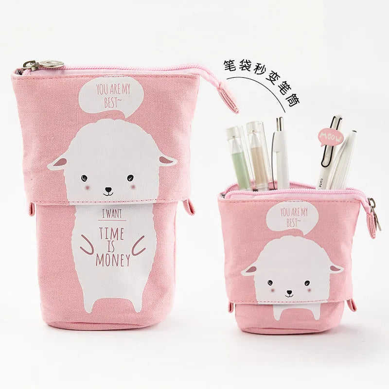 Round Korean-style canvas pencil bag with cartoon pattern in multiple colour options