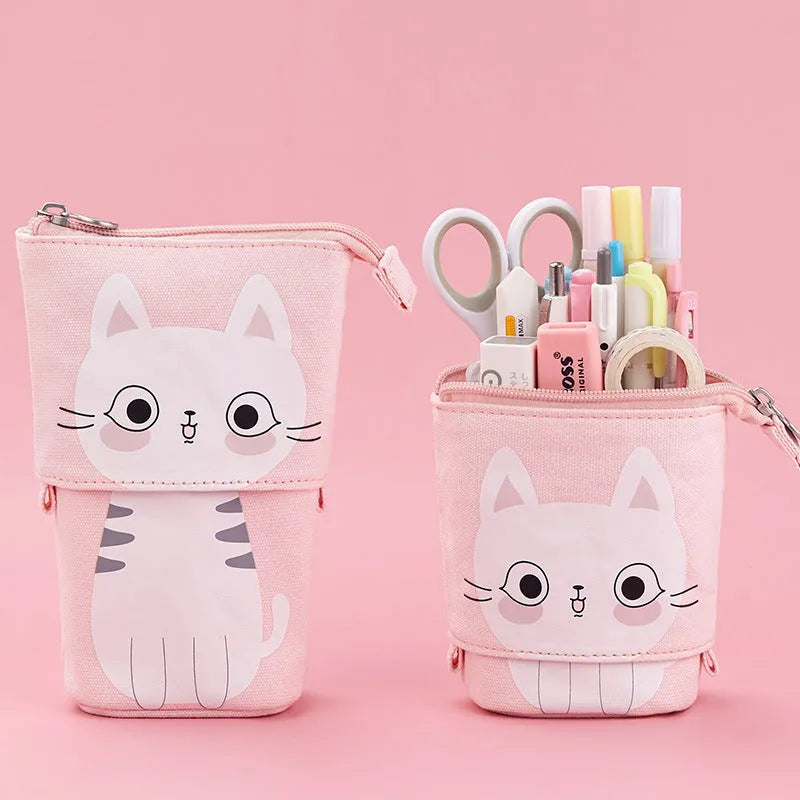 Round Korean-style canvas pencil bag with cartoon pattern in multiple colour options