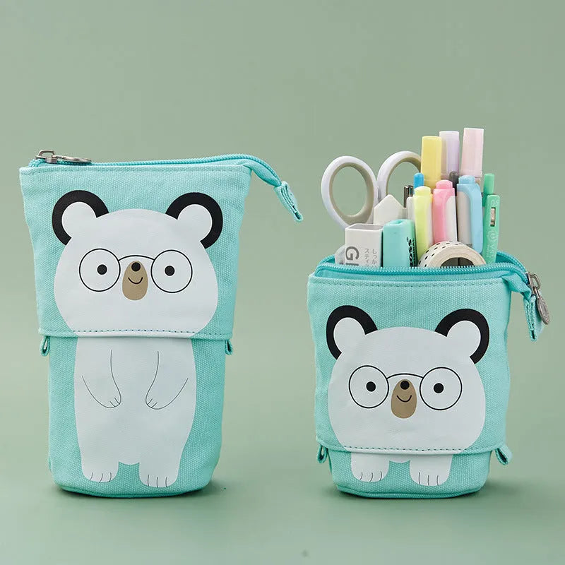 Round Korean-style canvas pencil bag with cartoon pattern in multiple colour options