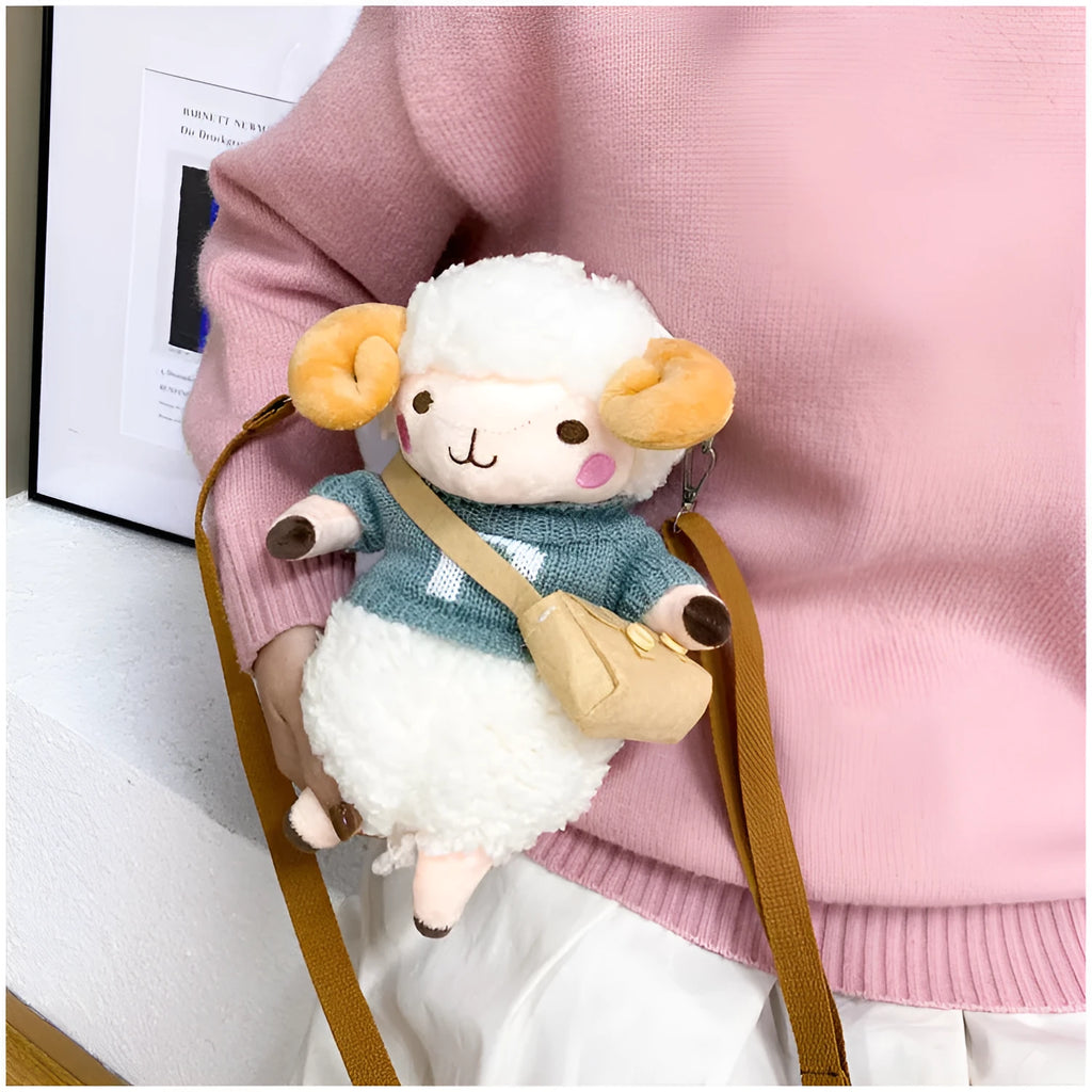 Little Sheep plush crossbody bag in square design with lamb pattern and zipper closure