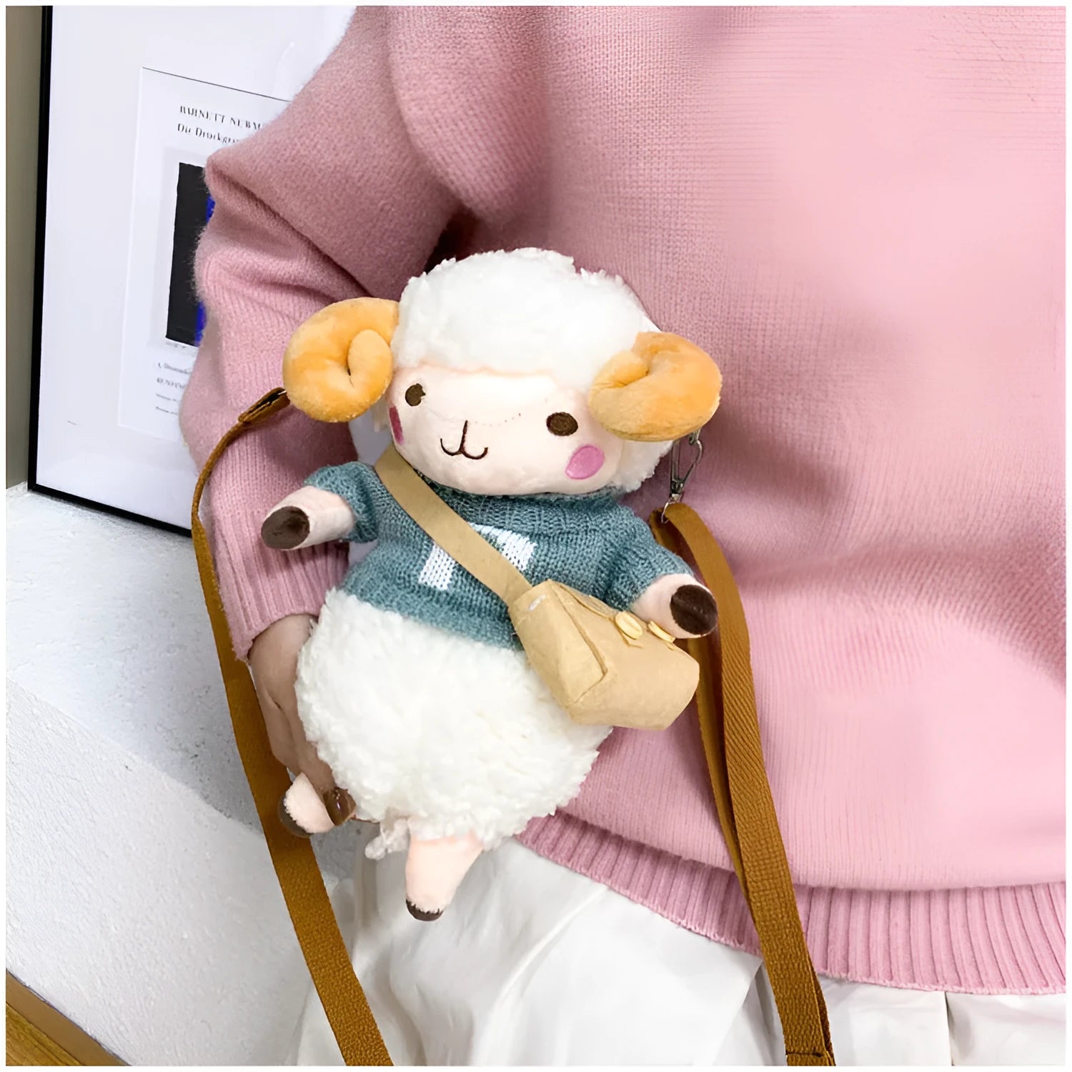 Little Sheep plush crossbody bag in square design with lamb pattern and zipper closure