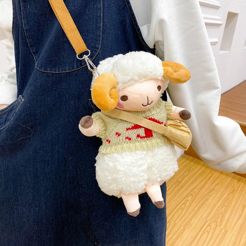 Little Sheep plush crossbody bag in square design with lamb pattern and zipper closure