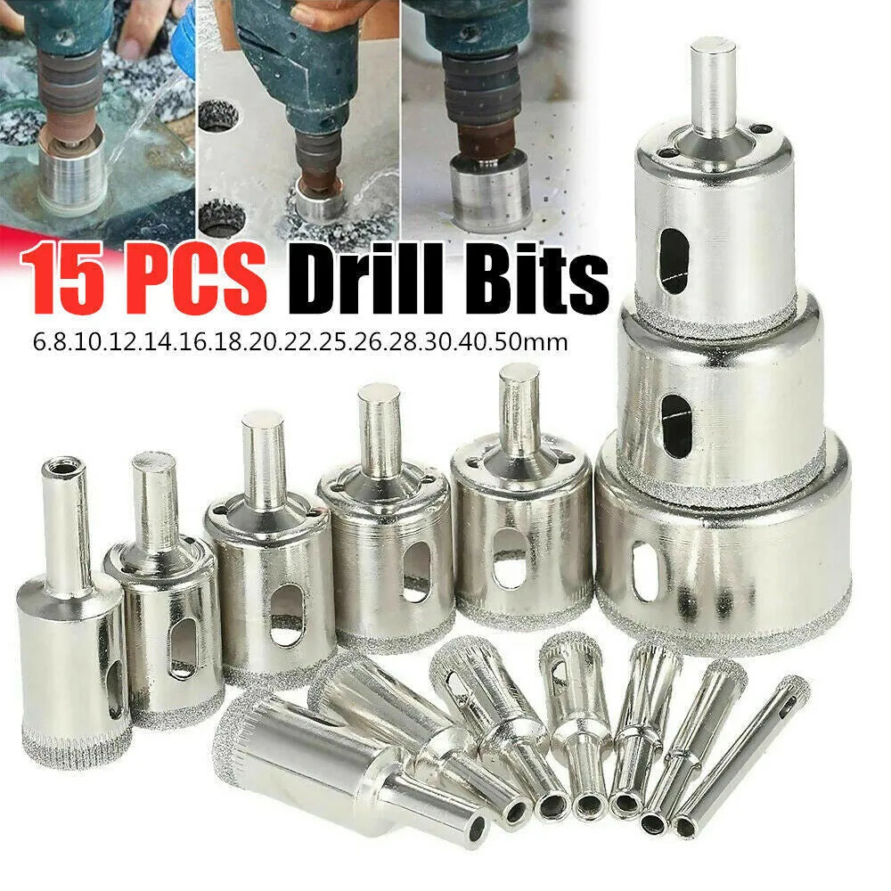 CMCP 15 piece diamond coated drill bit set hole saw tile 6 to 50mm electroplated metal alloy bond