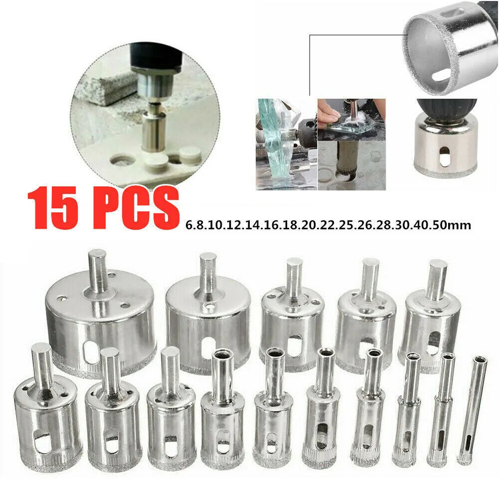 CMCP 15 piece diamond coated drill bit set hole saw tile 6 to 50mm electroplated metal alloy bond