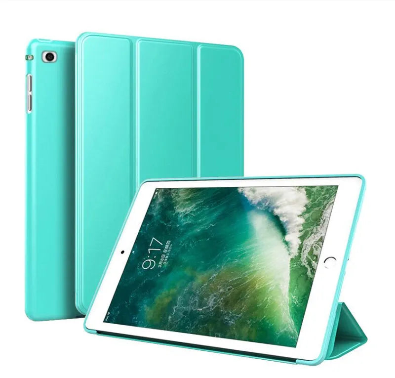 Black clamshell iPad case with integrated silicone stand open to show interior.