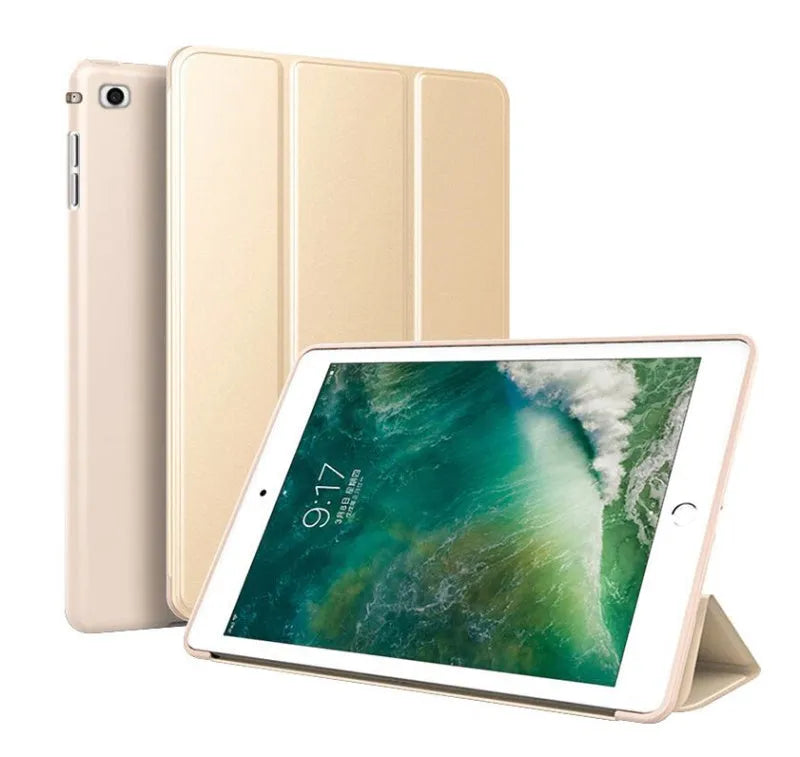 Black clamshell iPad case with integrated silicone stand open to show interior.