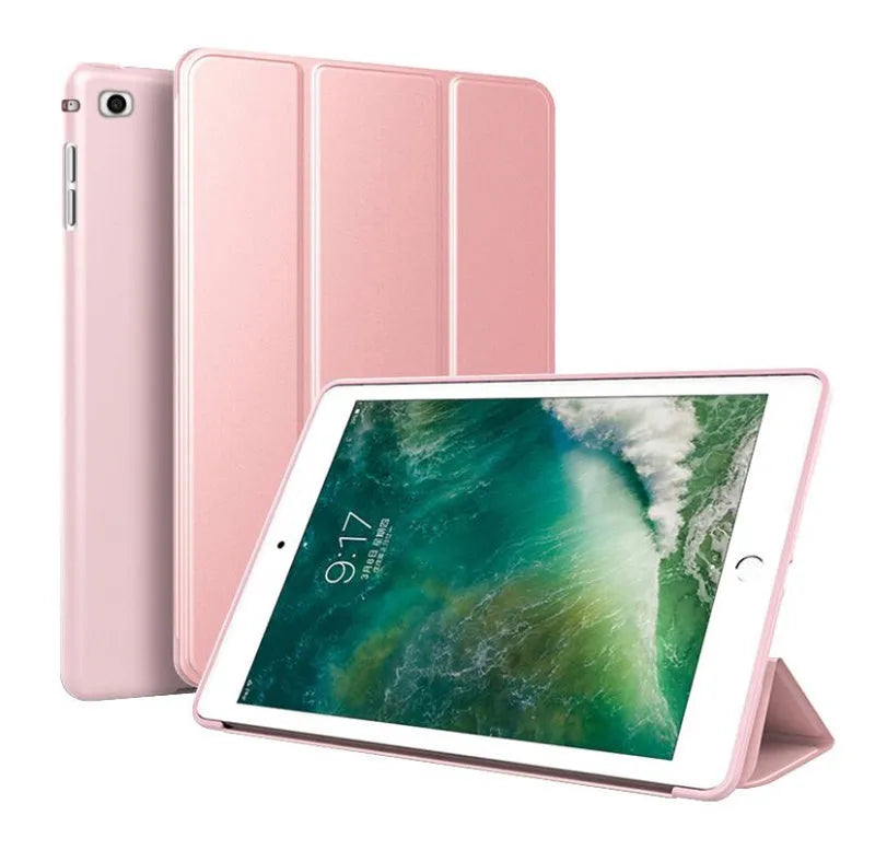 Black clamshell iPad case with integrated silicone stand open to show interior.