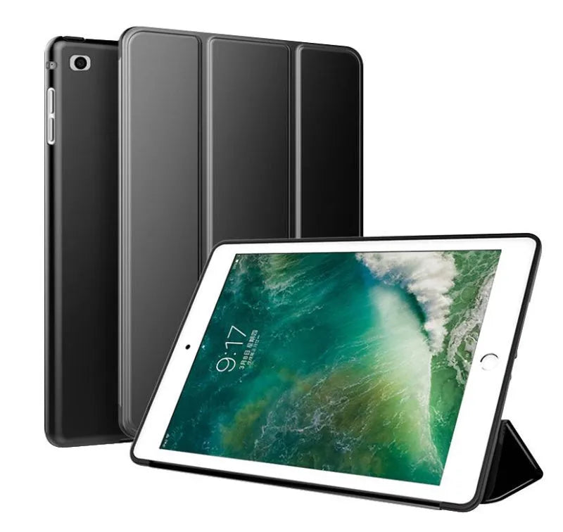 Black clamshell iPad case with integrated silicone stand open to show interior.