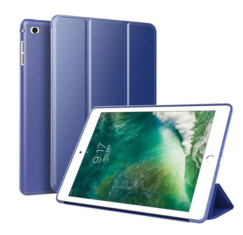 Black clamshell iPad case with integrated silicone stand open to show interior.