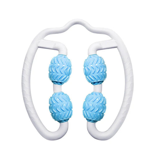Purple and pink annular silicone leg massage roller for fitness recovery.