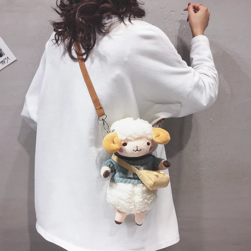 Little Sheep plush crossbody bag in square design with lamb pattern and zipper closure
