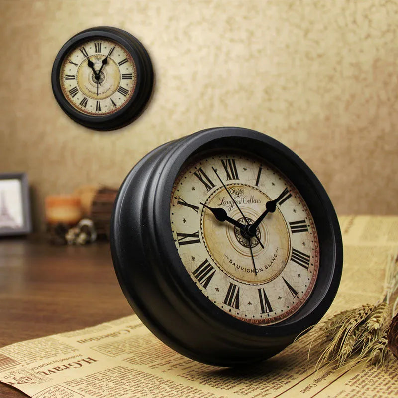 A round 6-inch retro European style desk alarm clock with a silent sweep movement.