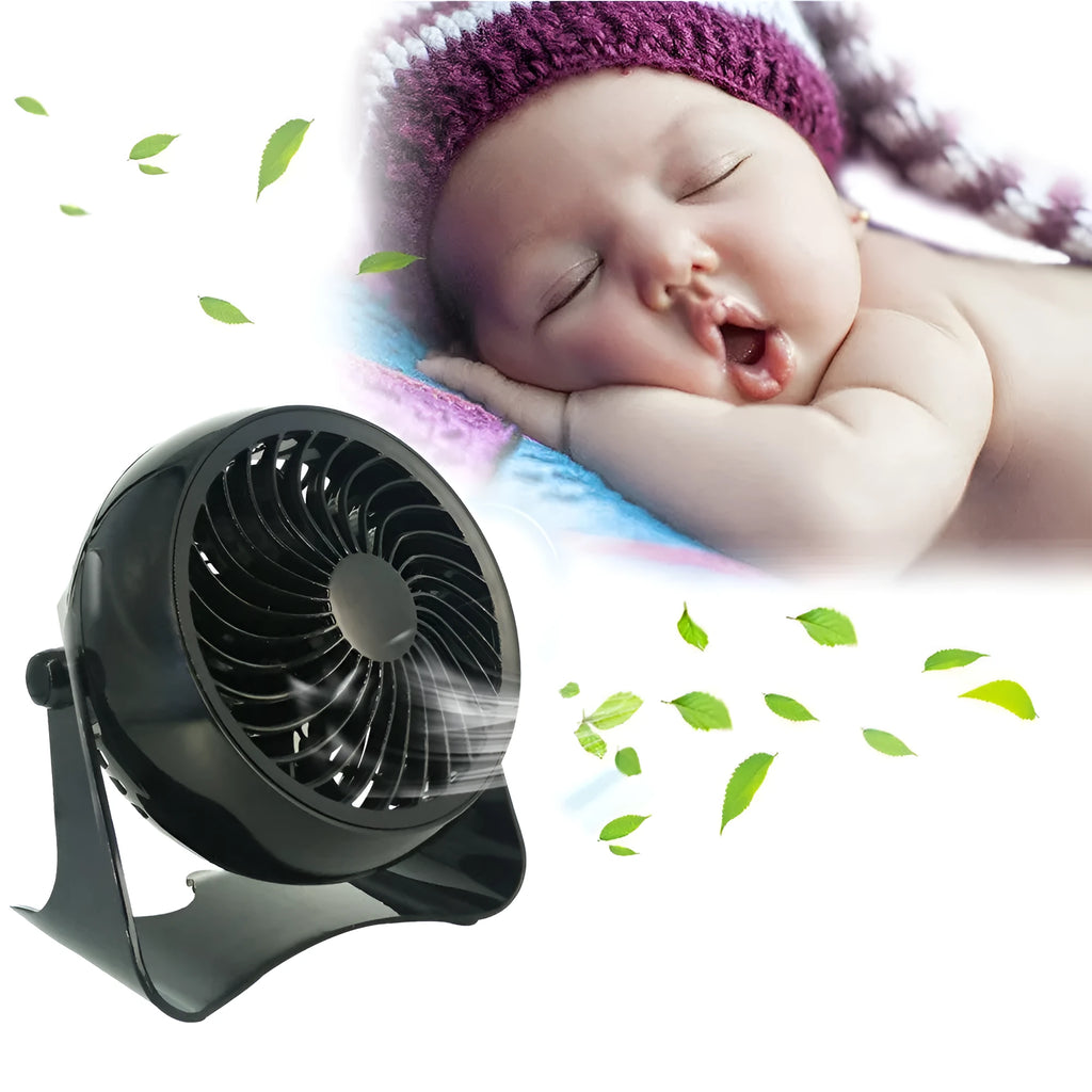 Black 4-inch mini desktop fan WT-T405 with USB power cord, 150 x 95 x 145mm, ABS and PP body