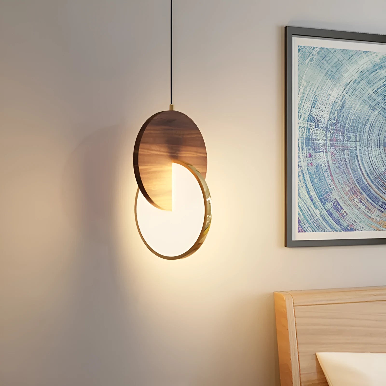 Long-line carved walnut wood wall chandelier with warm white LED light.