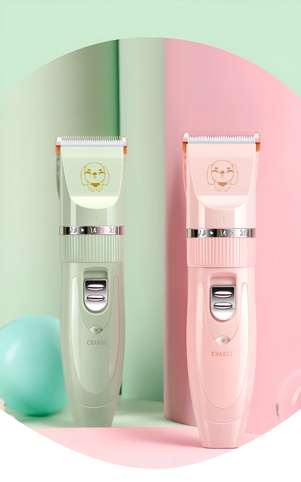 Pet wireless charging hair trimmer set in angel powder with washable cutter head, four limit combs, and ABS body, 21.5cm x 14.0cm x 6.4cm.
