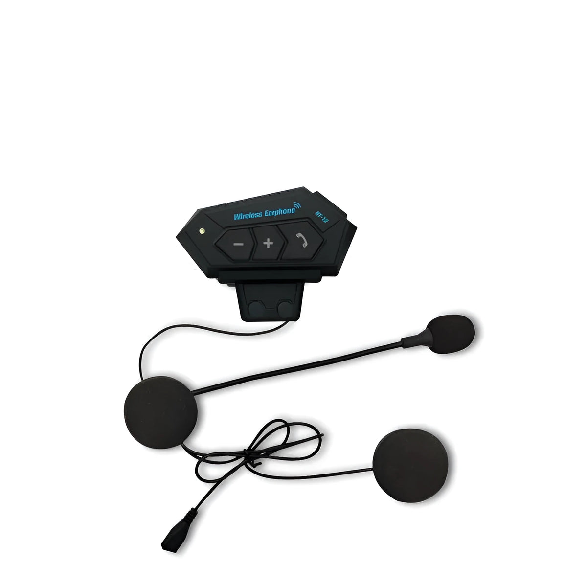 Black motorcycle helmet Bluetooth headset with built-in speakers, microphone, and micro USB connector