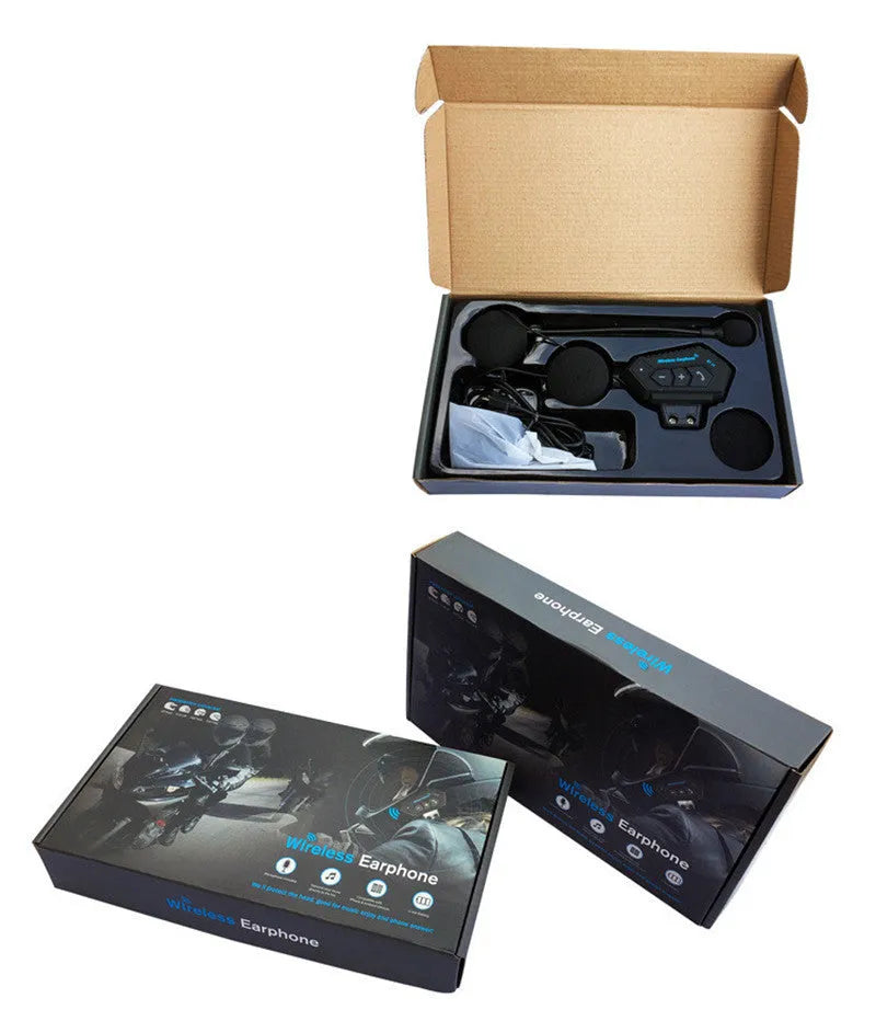 Black motorcycle helmet Bluetooth headset with built-in speakers, microphone, and micro USB connector