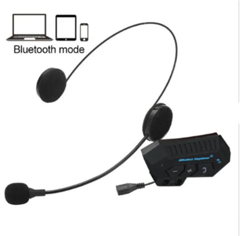 Black motorcycle helmet Bluetooth headset with built-in speakers, microphone, and micro USB connector